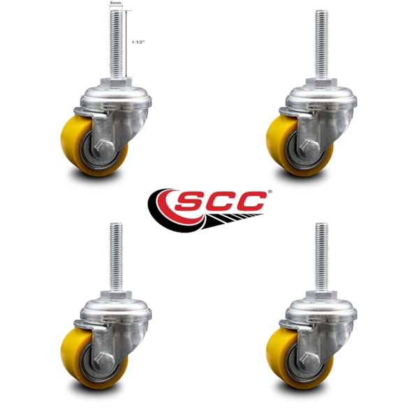 Low Profile Polyurethane 35mm Wheel 8mm Threaded Stem Caster SCC, 4PK